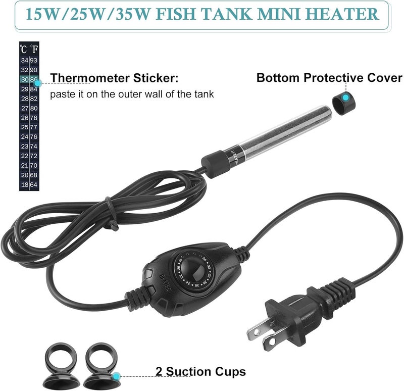 HITOP 25W Super Mini Aquarium Heater: Adjustable Heater for Small Fish Tank 2-6Gallons, with External Controller, Betta Heater for Fish Bowls (25W) - Image 5